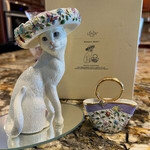 Lenox Vintage White Cat Figurine “Sunday Best” with Floral sombrero and Purse.